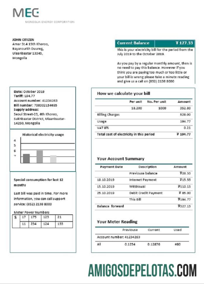 Para baixar modelo de conta de serviços públicos de eletricidade da Mongolia Energy Corporation (MEC) em formato Word e PDF